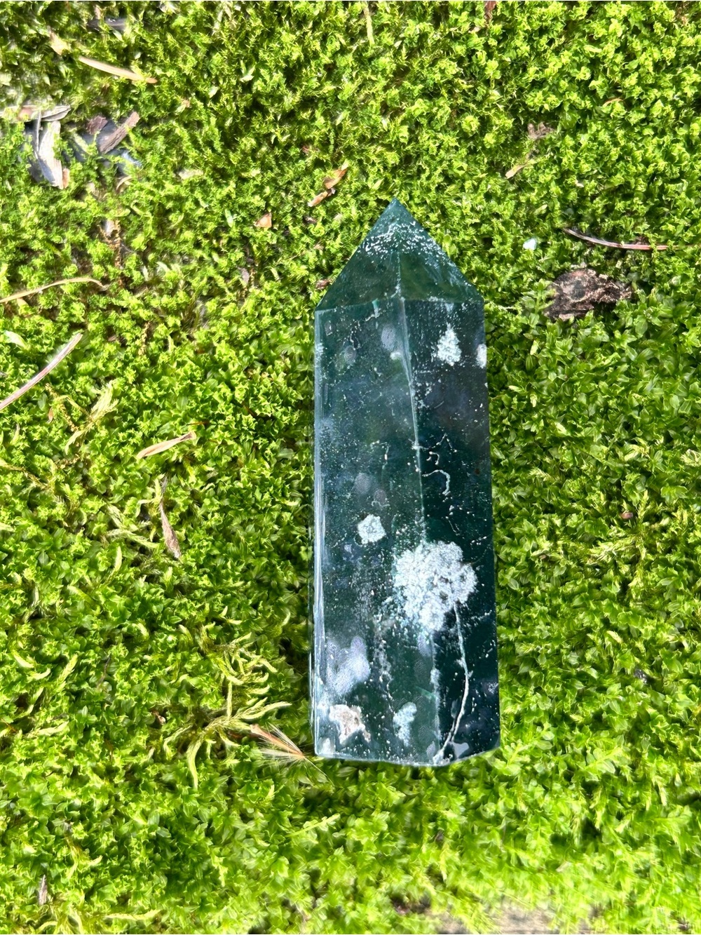 Green Moss Agate Point Crystal